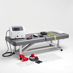 A realistic image of a physiotherapy table set against a white background