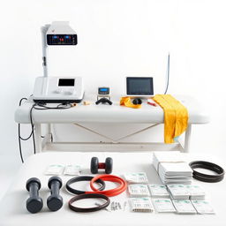 A realistic image of a physiotherapy table set against a white background