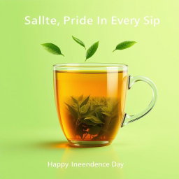 A creative advertisement-style image featuring a transparent glass tea cup filled with tea that reflects a lush green tea plantation inside