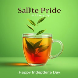 A creative advertisement-style image featuring a transparent glass tea cup filled with tea that reflects a lush green tea plantation inside