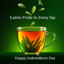 A creative advertisement-style image featuring a transparent glass tea cup filled with tea that reflects a lush green tea plantation inside