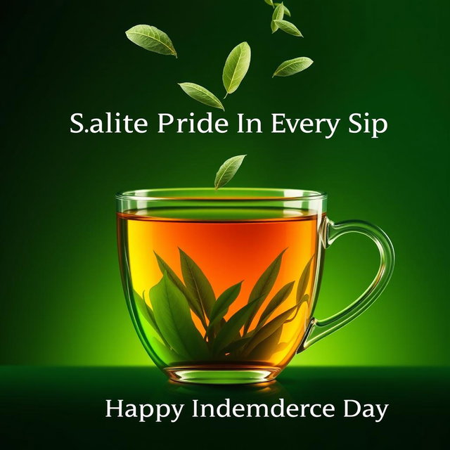 A creative advertisement-style image featuring a transparent glass tea cup filled with tea that reflects a lush green tea plantation inside