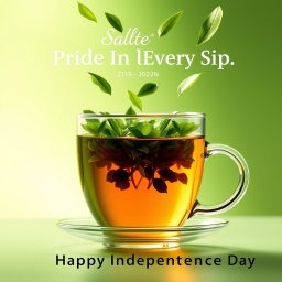 A creative advertisement-style image featuring a transparent glass tea cup filled with tea that reflects a lush green tea plantation inside
