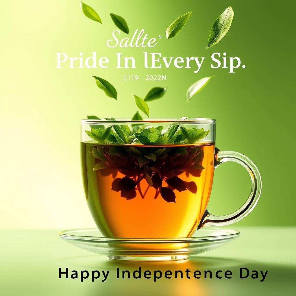 A creative advertisement-style image featuring a transparent glass tea cup filled with tea that reflects a lush green tea plantation inside