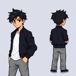 Create a male character with tousled black hair styled to the side and striking black eyes
