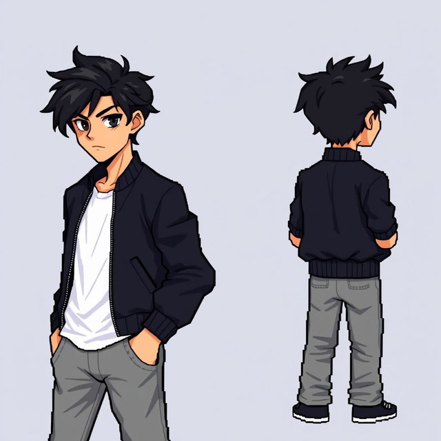 Create a male character with tousled black hair styled to the side and striking black eyes