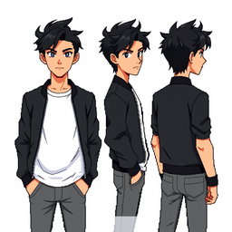 Create a male character with tousled black hair styled to the side and striking black eyes