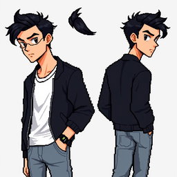 Create a male character with tousled black hair styled to the side and striking black eyes