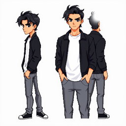 Create a male character with tousled black hair styled to the side and striking black eyes