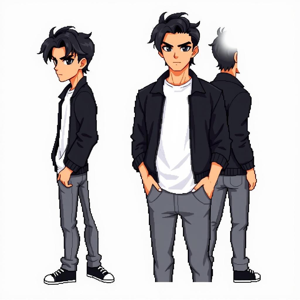 Create a male character with tousled black hair styled to the side and striking black eyes