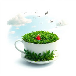 A surreal art piece depicting a large white tea cup filled with vibrant green tea leaves representing a lush tea plantation