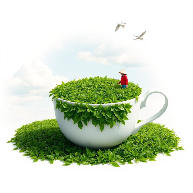 A surreal art piece depicting a large white tea cup filled with vibrant green tea leaves representing a lush tea plantation