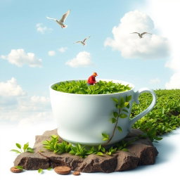 A surreal art piece depicting a large white tea cup filled with vibrant green tea leaves representing a lush tea plantation