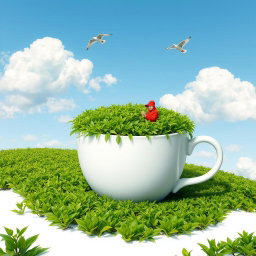 A surreal art piece depicting a large white tea cup filled with vibrant green tea leaves representing a lush tea plantation