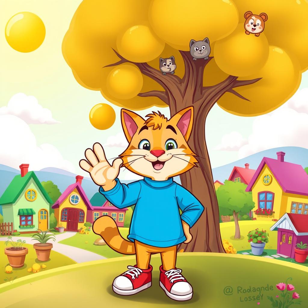 A vibrant and colorful cartoon landscape featuring a whimsical town with cute houses, each with unique designs like candy-colored rooftops and oversized flower pots