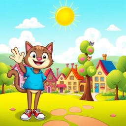 A vibrant and colorful cartoon landscape featuring a whimsical town with cute houses, each with unique designs like candy-colored rooftops and oversized flower pots