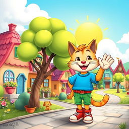 A vibrant and colorful cartoon landscape featuring a whimsical town with cute houses, each with unique designs like candy-colored rooftops and oversized flower pots