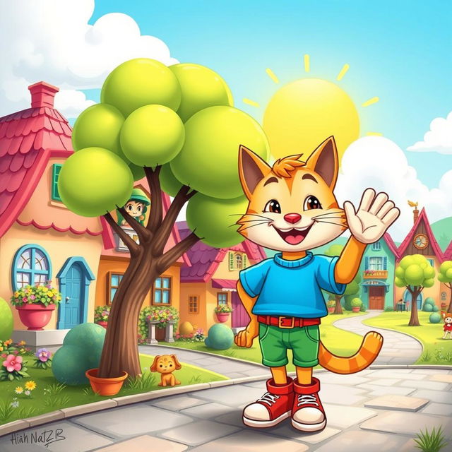 A vibrant and colorful cartoon landscape featuring a whimsical town with cute houses, each with unique designs like candy-colored rooftops and oversized flower pots
