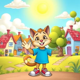 A vibrant and colorful cartoon landscape featuring a whimsical town with cute houses, each with unique designs like candy-colored rooftops and oversized flower pots