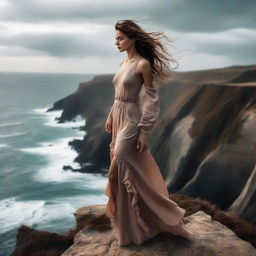 A confident model stands on the edge of a stunning cliff, with their hair ruffled by the wind. The scene evokes a sense of inspiration and dreams.