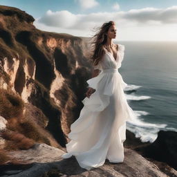 A confident model stands on the edge of a stunning cliff, with their hair ruffled by the wind. The scene evokes a sense of inspiration and dreams.