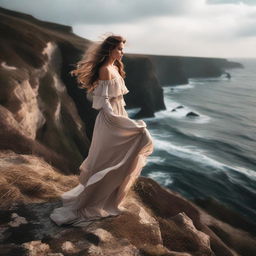 A confident model stands on the edge of a stunning cliff, with their hair ruffled by the wind. The scene evokes a sense of inspiration and dreams.