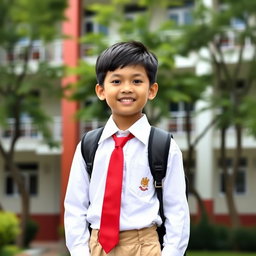A young boy wearing a traditional Indonesian school uniform, which consists of a white shirt with a collar, a red tie, and khaki shorts