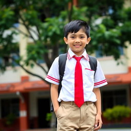 A young boy wearing a traditional Indonesian school uniform, which consists of a white shirt with a collar, a red tie, and khaki shorts