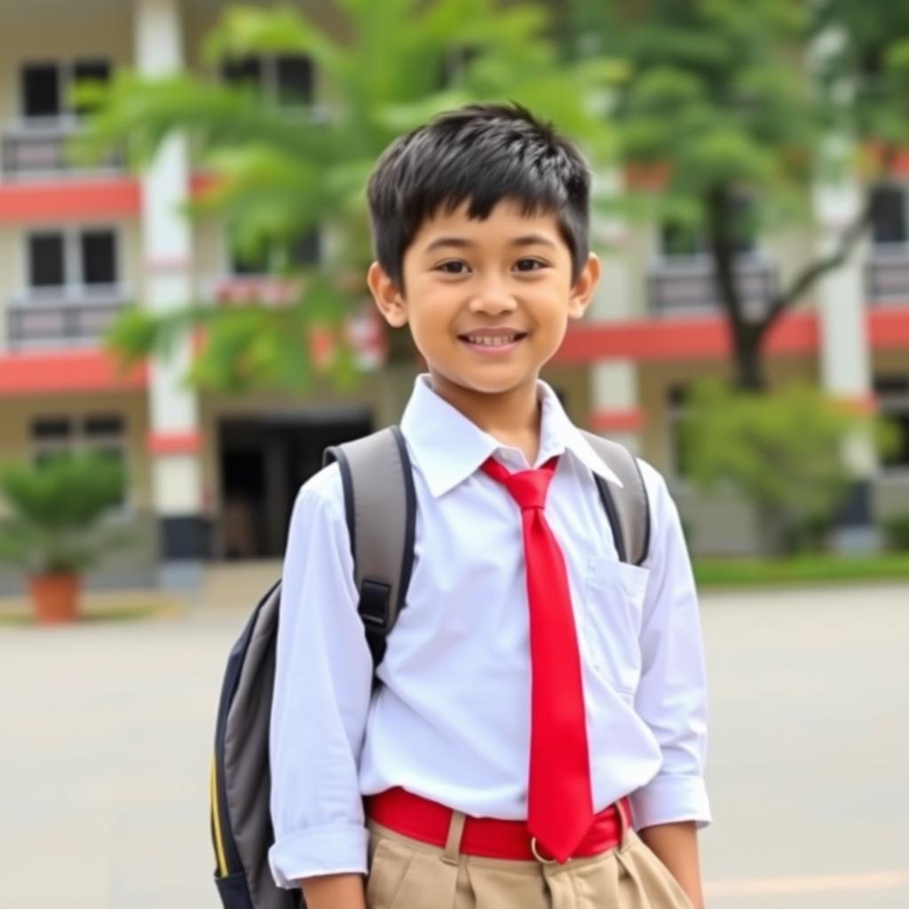 A young boy wearing a traditional Indonesian school uniform, which consists of a white shirt with a collar, a red tie, and khaki shorts