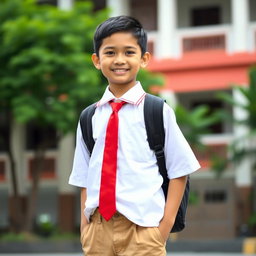 A young boy wearing a traditional Indonesian school uniform, which consists of a white shirt with a collar, a red tie, and khaki shorts