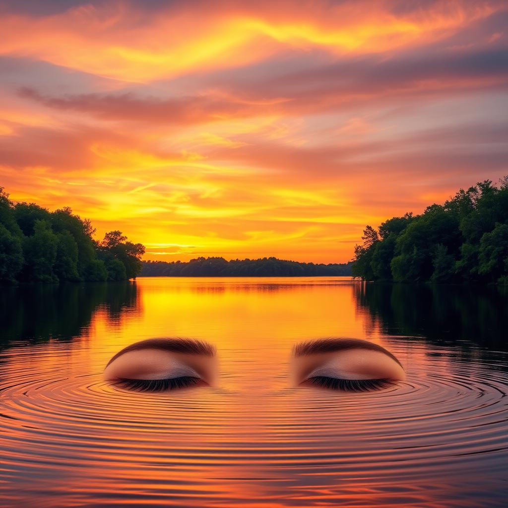 A serene and tranquil scene of a peaceful landscape at sunset, featuring a beautiful lake surrounded by lush green trees and a vibrant orange and purple sky