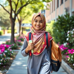 A Muslim girl student wearing a colorful hijab, carrying a backpack with school supplies, walking down a sunny street towards school