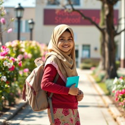 A Muslim girl student wearing a colorful hijab, carrying a backpack with school supplies, walking down a sunny street towards school