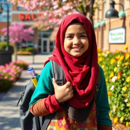 A Muslim girl student wearing a colorful hijab, carrying a backpack with school supplies, walking down a sunny street towards school