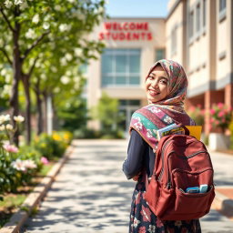 A Muslim girl student wearing a colorful hijab, carrying a backpack with school supplies, walking down a sunny street towards school