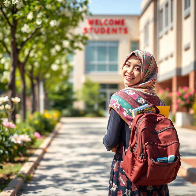 A Muslim girl student wearing a colorful hijab, carrying a backpack with school supplies, walking down a sunny street towards school