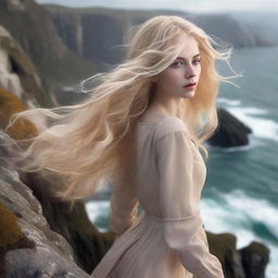 Revise the previous scene with the same model, but now she has flowing blonde hair that is being ruffled by the wind on the cliff's edge.