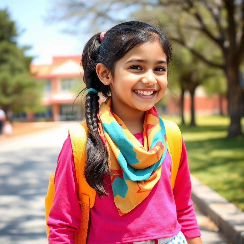 A joyful Muslim Persian girl wearing a colorful school uniform, walking happily towards her school