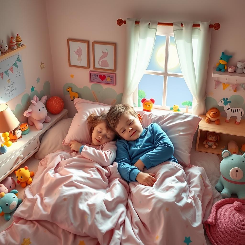 A cozy, peaceful scene of a young boy and girl sleeping in a beautifully decorated children's bedroom