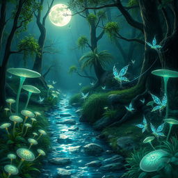 A fantasy scene depicting a mystical forest with bioluminescent plants and glowing mushrooms, softly illuminated by the light of a full moon