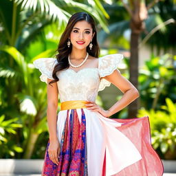 A woman wearing a stunning Modern Filipiniana attire, featuring a beautifully embroidered blouse with butterfly sleeves, complemented by a flowing skirt made from traditional fabric showcasing vibrant colors and intricate patterns