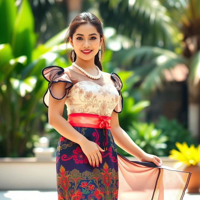 A woman wearing a stunning Modern Filipiniana attire, featuring a beautifully embroidered blouse with butterfly sleeves, complemented by a flowing skirt made from traditional fabric showcasing vibrant colors and intricate patterns