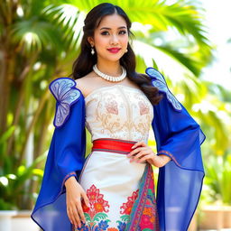 A woman wearing a stunning Modern Filipiniana attire, featuring a beautifully embroidered blouse with butterfly sleeves, complemented by a flowing skirt made from traditional fabric showcasing vibrant colors and intricate patterns