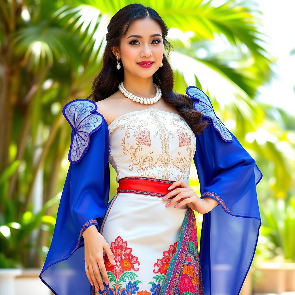 A woman wearing a stunning Modern Filipiniana attire, featuring a beautifully embroidered blouse with butterfly sleeves, complemented by a flowing skirt made from traditional fabric showcasing vibrant colors and intricate patterns