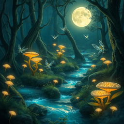 A fantasy scene depicting a mystical forest with bioluminescent plants and glowing mushrooms, softly illuminated by the light of a full moon