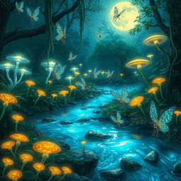 A fantasy scene depicting a mystical forest with bioluminescent plants and glowing mushrooms, softly illuminated by the light of a full moon