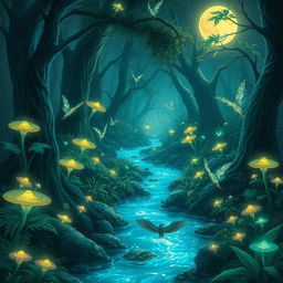 A fantasy scene depicting a mystical forest with bioluminescent plants and glowing mushrooms, softly illuminated by the light of a full moon
