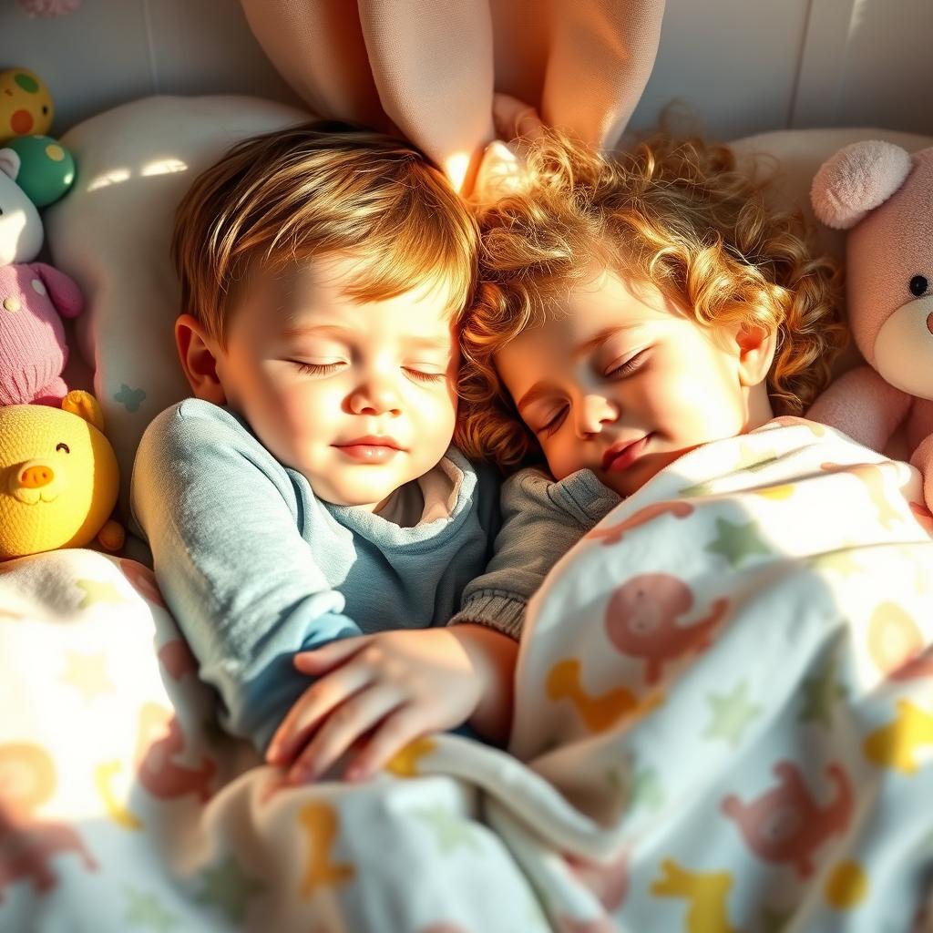 A serene and peaceful scene of two children, a little boy and a little girl, peacefully sleeping together in a cozy, warmly-lit bedroom