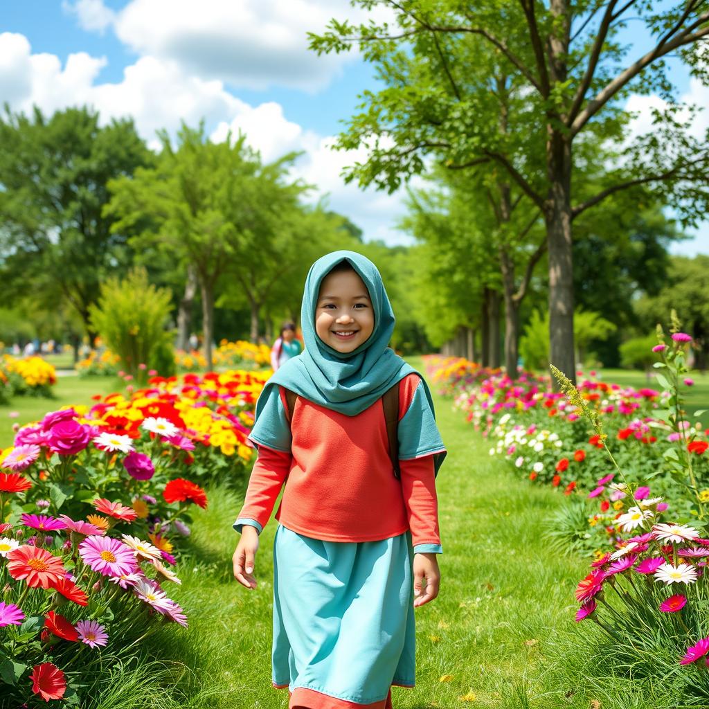 A happy Muslim Persian girl, wearing a colorful school uniform and a hijab, walking through a vibrant garden filled with blooming flowers