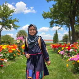 A happy Muslim Persian girl, wearing a colorful school uniform and a hijab, walking through a vibrant garden filled with blooming flowers